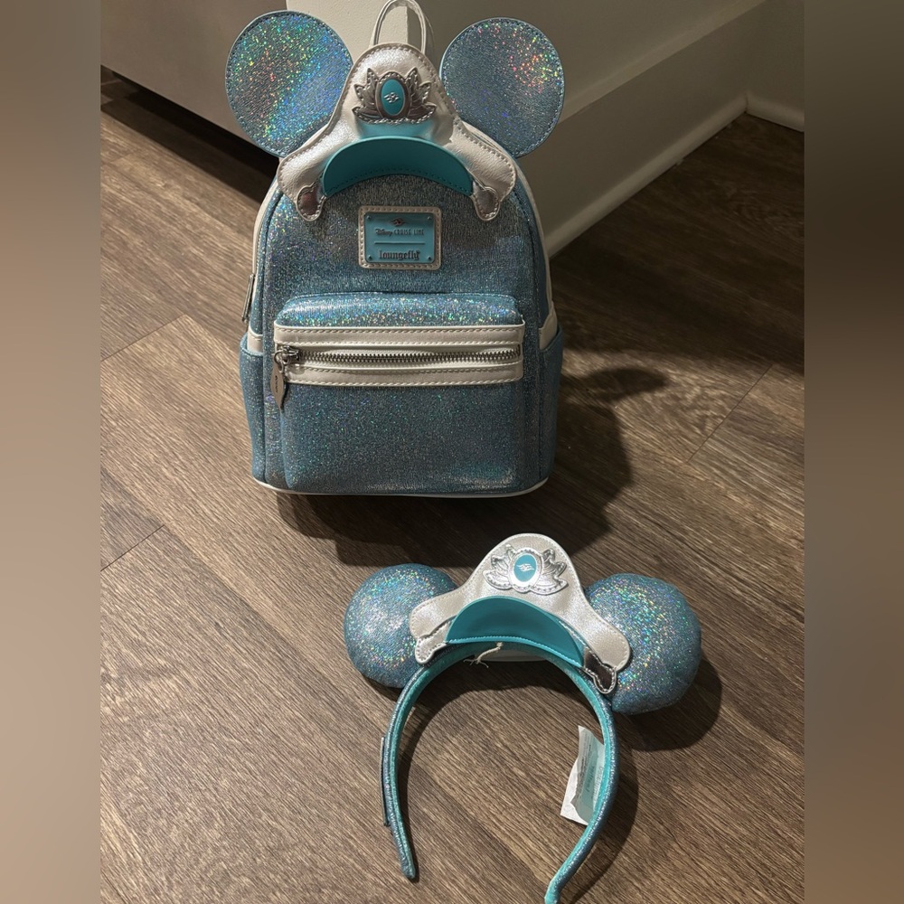 Loungefly Disney Cruise Line Glittery Blue and Silver Backpack and Headband Set